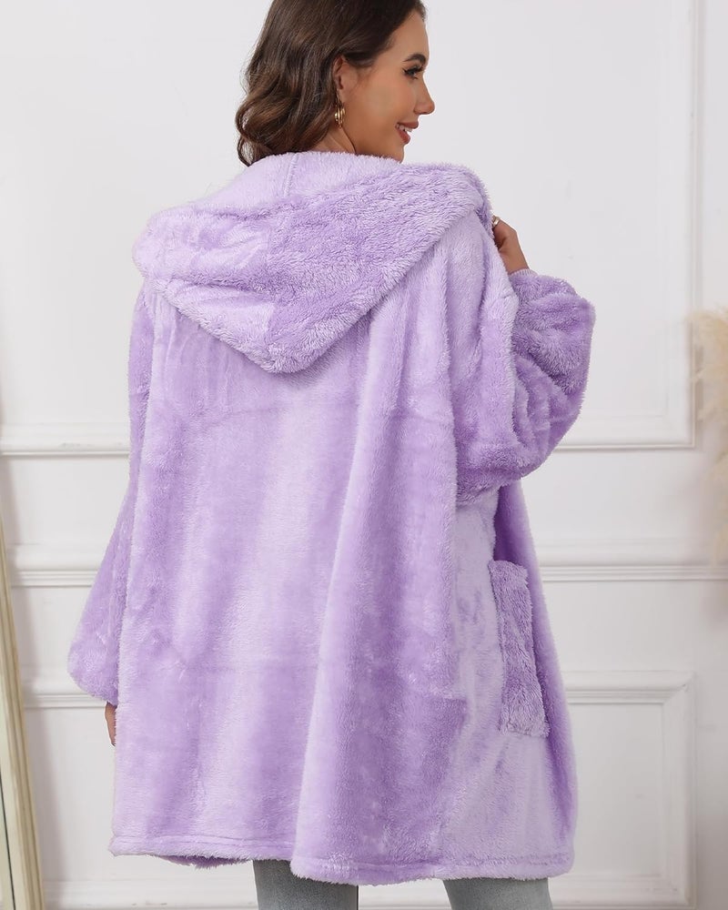 Argstar Hooded Cardigan for Women and Men, Oversized Sweatshirt Fuzzy Fleece Blanket Hoodie Jacket - One Size Fits All - Image 3